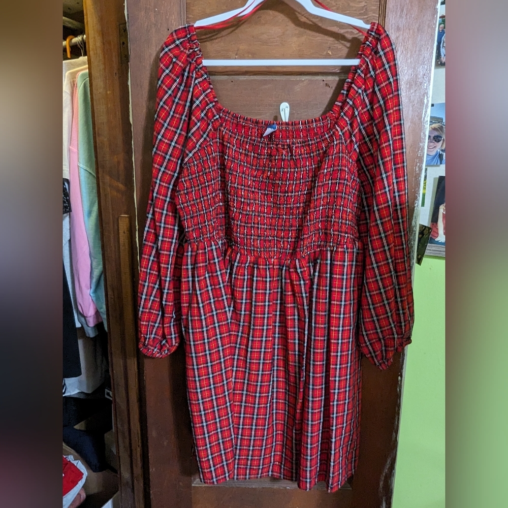 NWOT - 2X Red Plaid Dress - Fit & Flare Long Sleeve Old Navy Dress